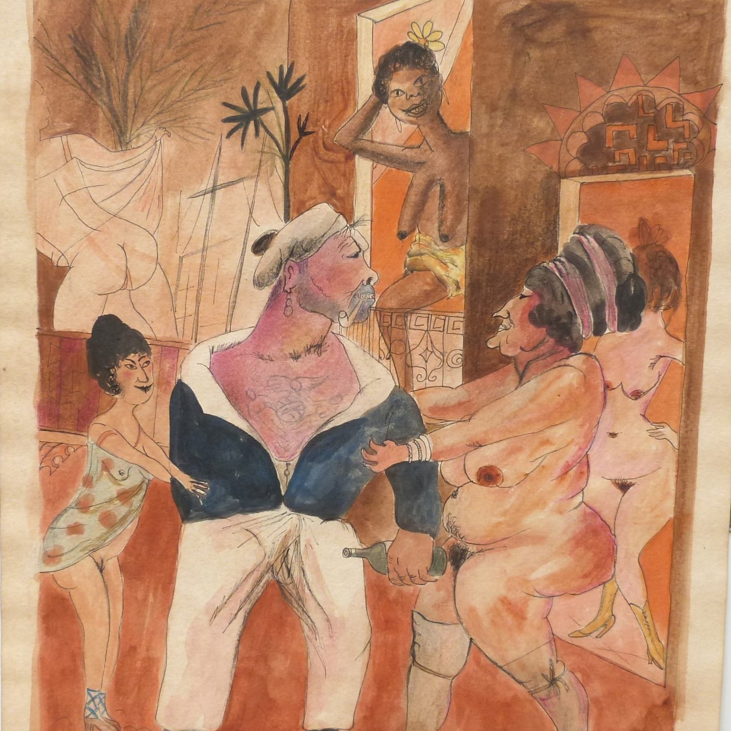 After Otto Dix A Pencil, Ink And Watercolour Scene Of A German Brothel Featuring A Drunken Sailor And Naked Prostitutes Sold For Ś3,000