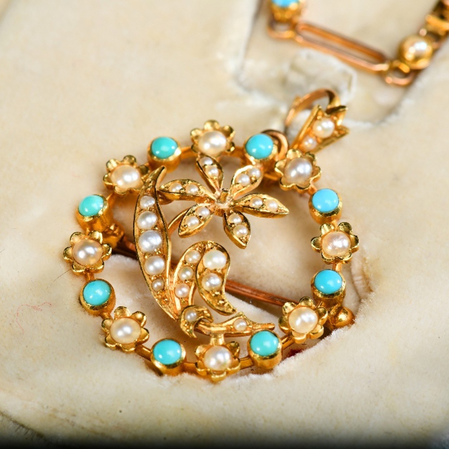 An Edwardian 15Ct Gold Necklace Set With Pearls And Turquoise. Sold For £850